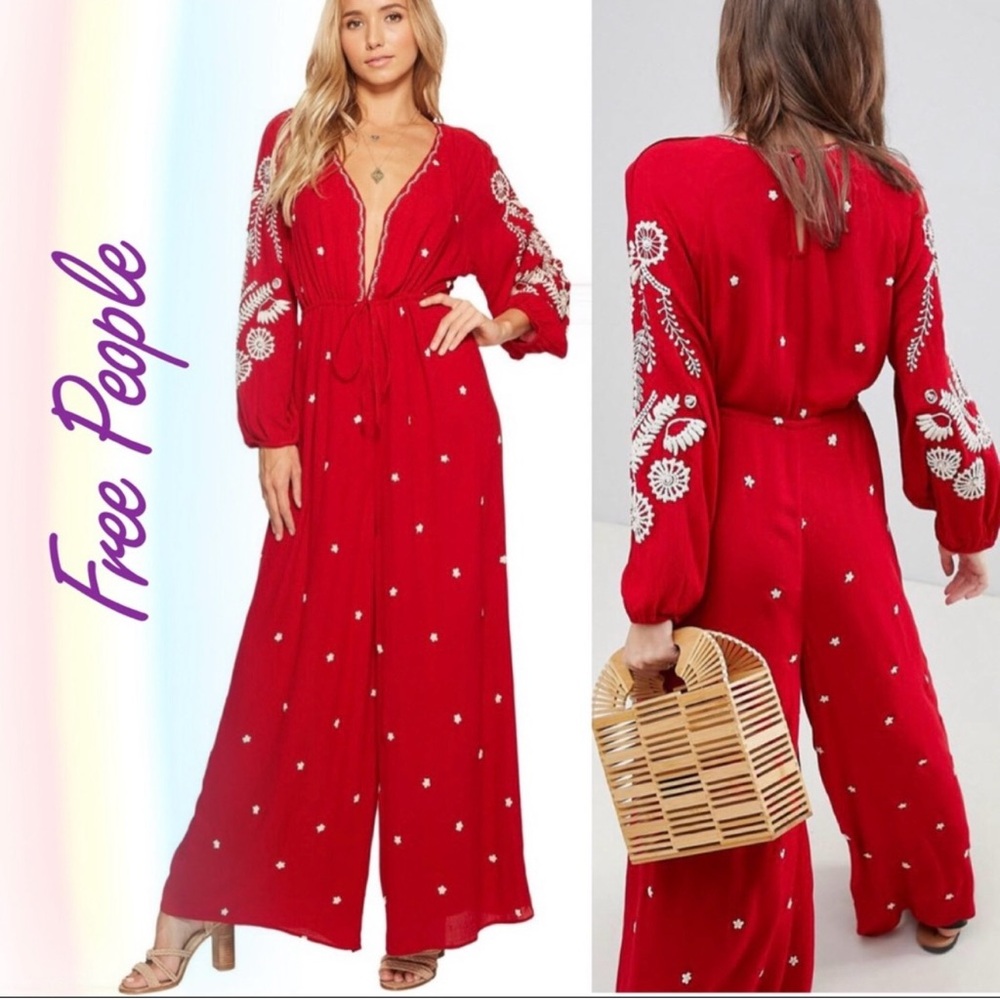 Free People Boho Embroidered V Neck Red Jumpsuit